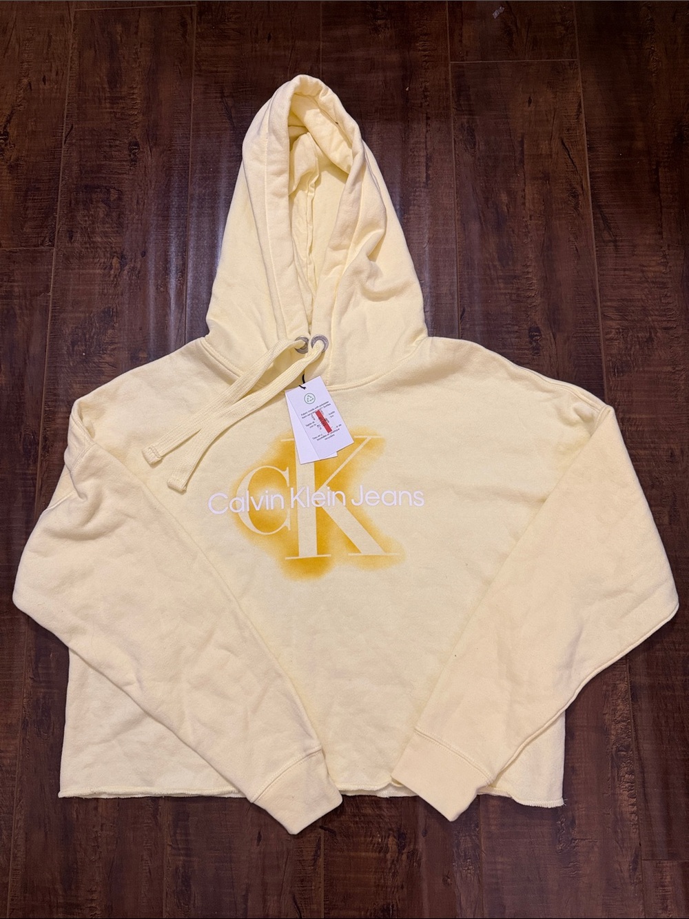 Calvin Klein Jeans Pale Yellow Cropped Hooded Sweatshirt